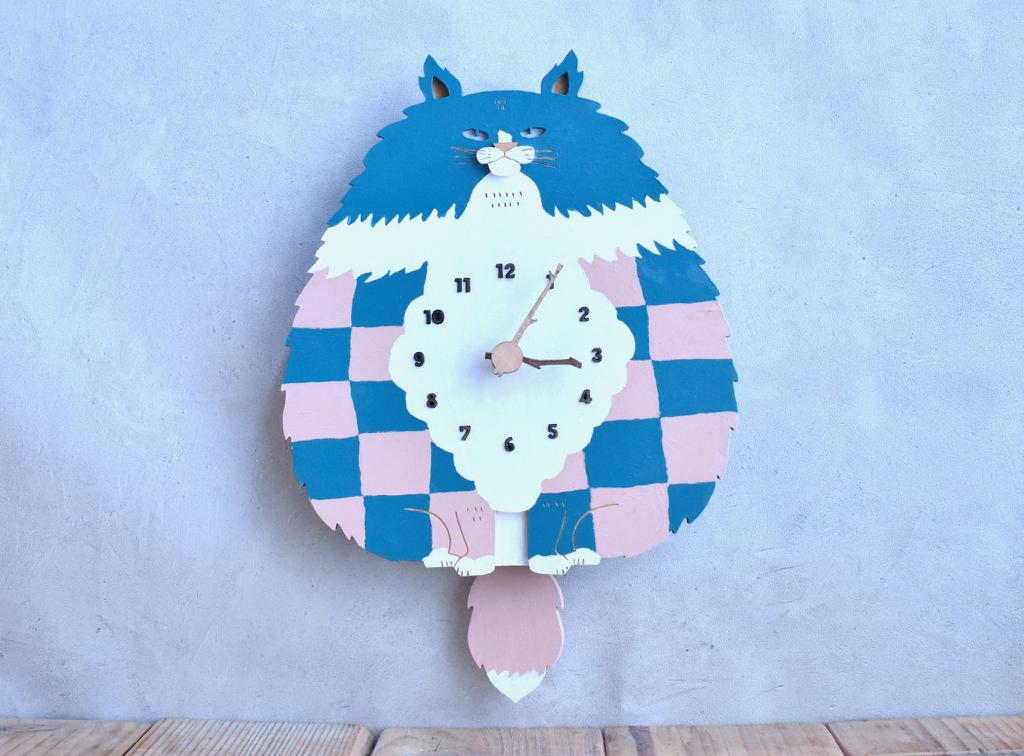 長毛猫 × 市松模様 × ターコイズブルー × フロリダピンク レギュラーサイズ 時計 木製 振り子時計 掛け時計
