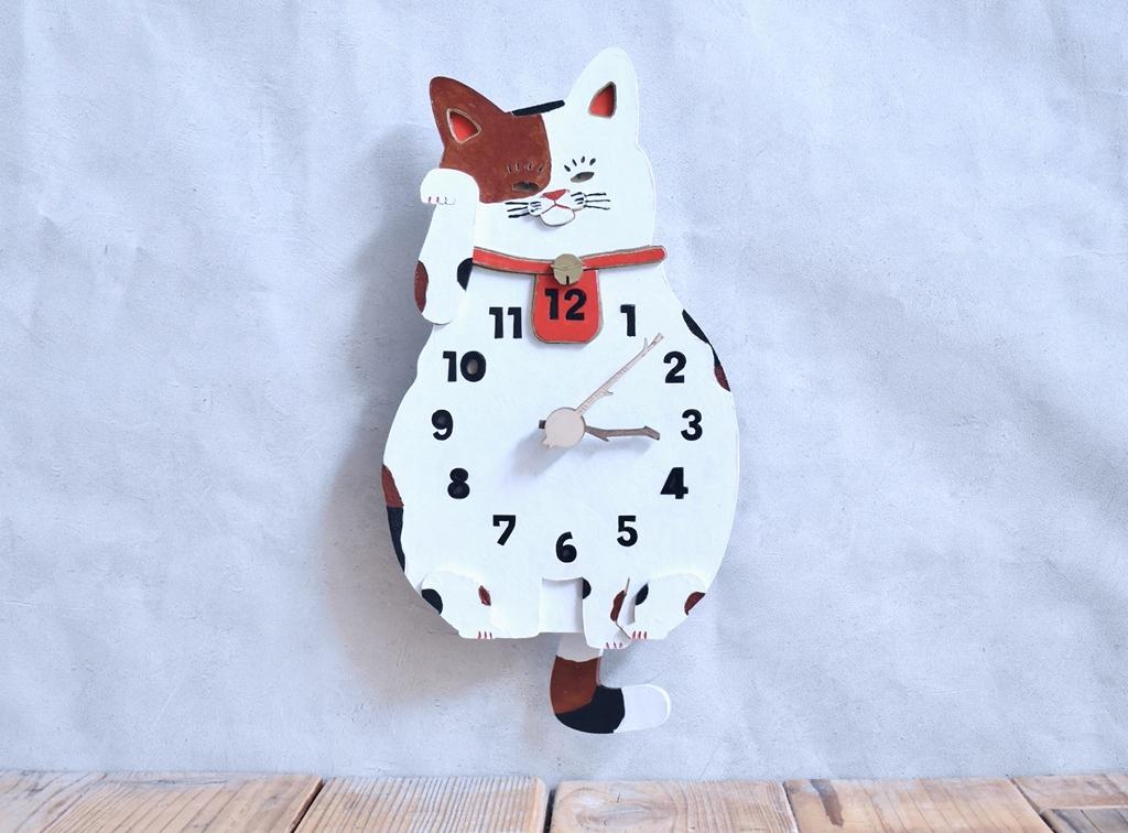 招き猫 レギュラーサイズ 時計 木製 掛け時計 振り子時計1枚目の画像