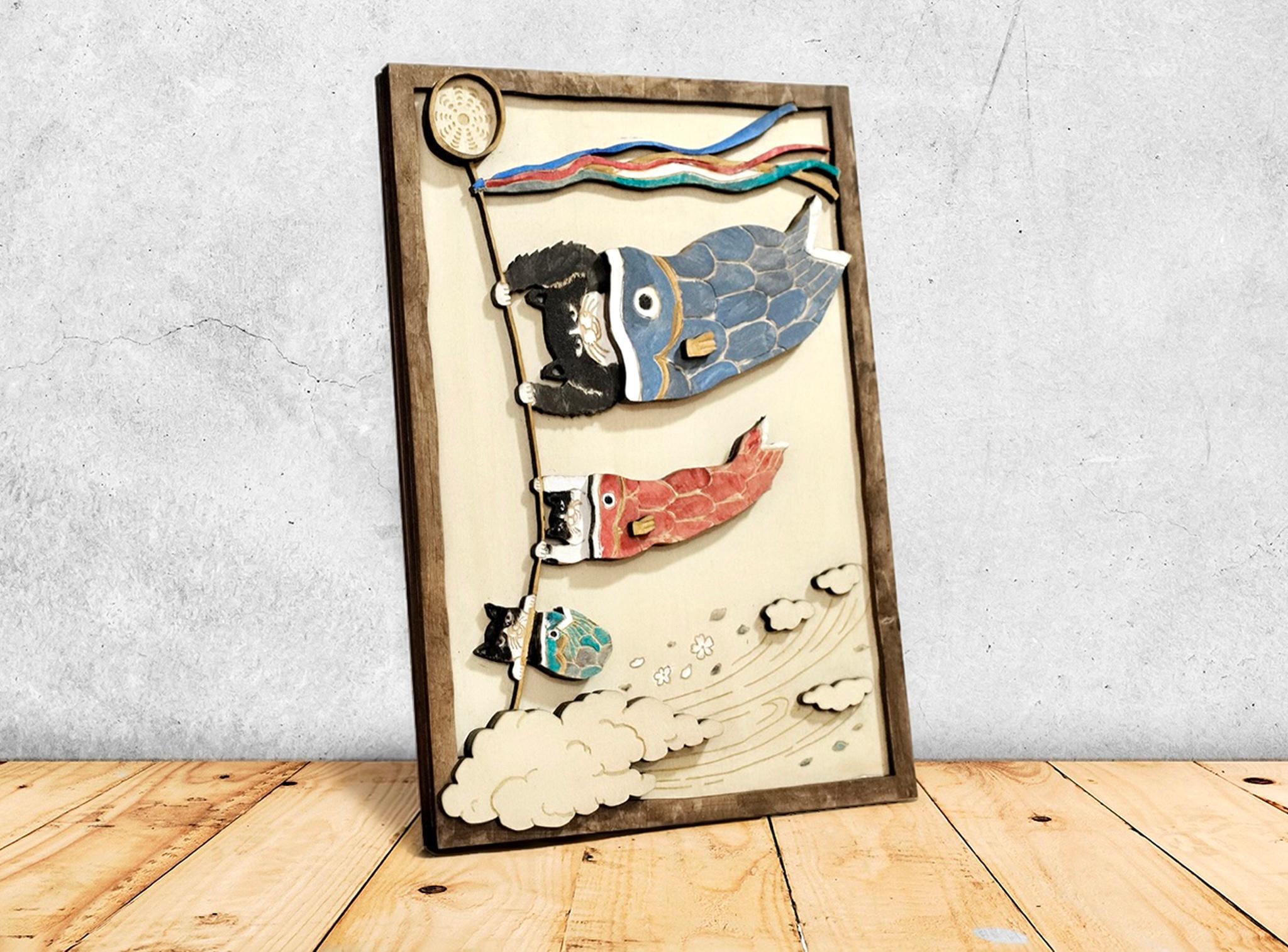 強風の日の猫のぼり #01|置き掛け2WAY 木製オブジェ1枚目の画像