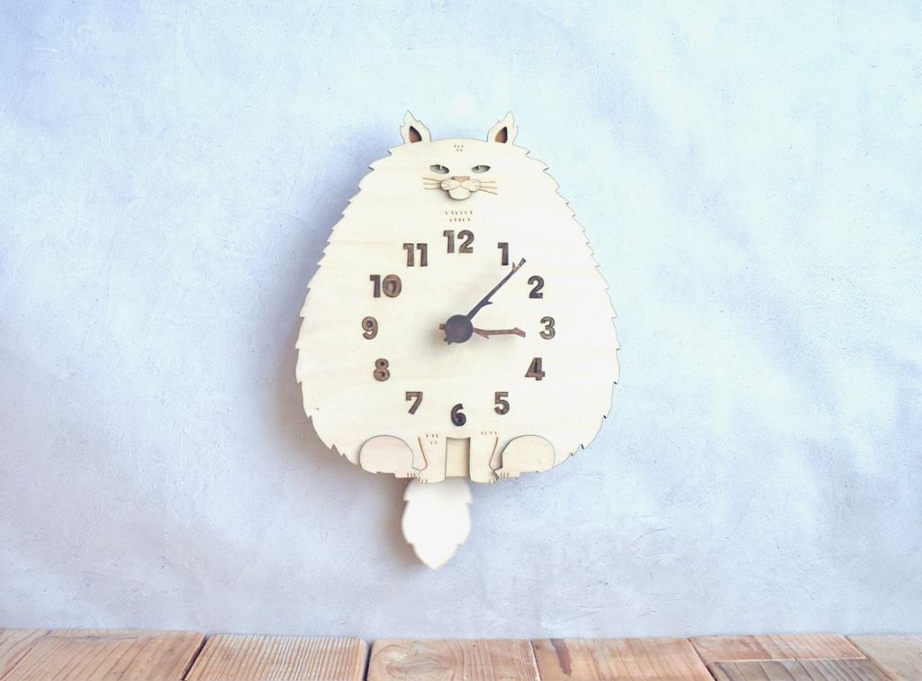 プレーン猫 立ち耳 ロング レギュラーサイズ 時計 木製 振り子時計 掛け時計1枚目の画像