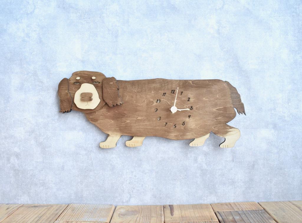 ダックスフンド ウォルナット×プレーン レギュラーサイズ 時計 木製 掛け時計 | 1枚目